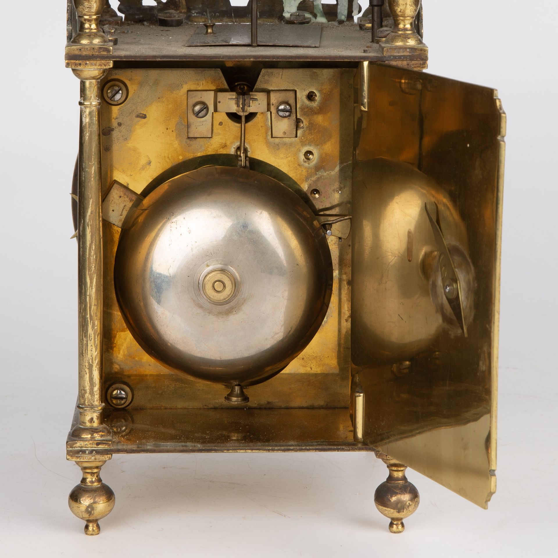 A 19th century brass lantern clock the dial with roman numerals engraved James Barron 16cm wide 40cm - Image 4 of 17