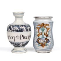 A Savona wet syrup jar circa 1700, 23cm high; together with a Cerreto Sannita drug jar circa 1780,