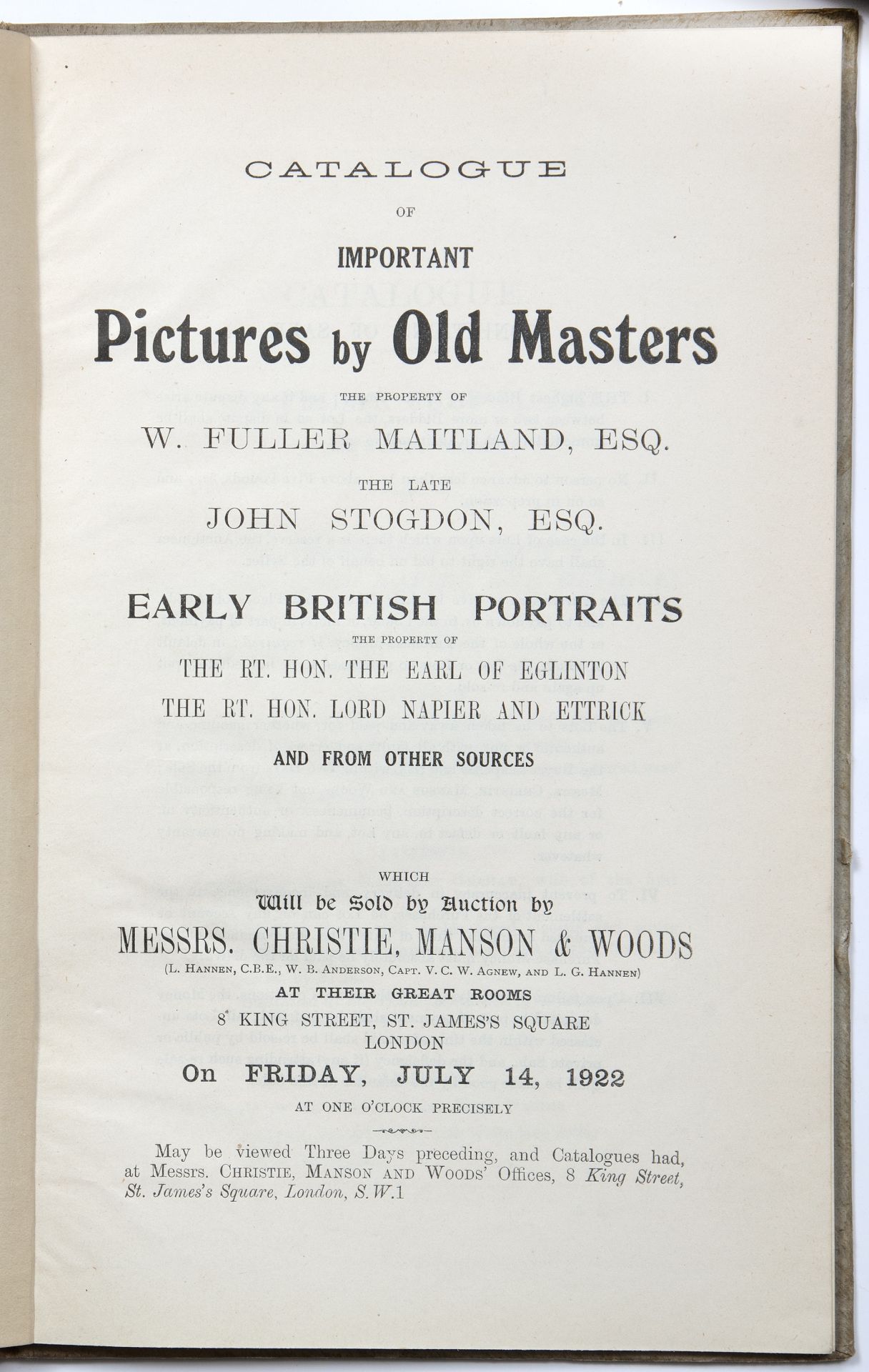 Christie Manson and Woods, London. Ten Auction Catalogues 1919 X 1, 1922 X 8, 1928 X 1, cloth boards - Bild 2 aus 2