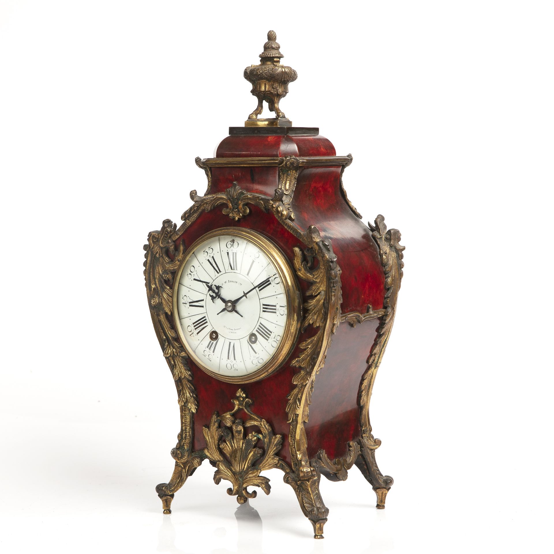 A late 19th century tortoiseshell mantle clock, the white enamel Roman dial with Arabic five minutes - Image 2 of 4