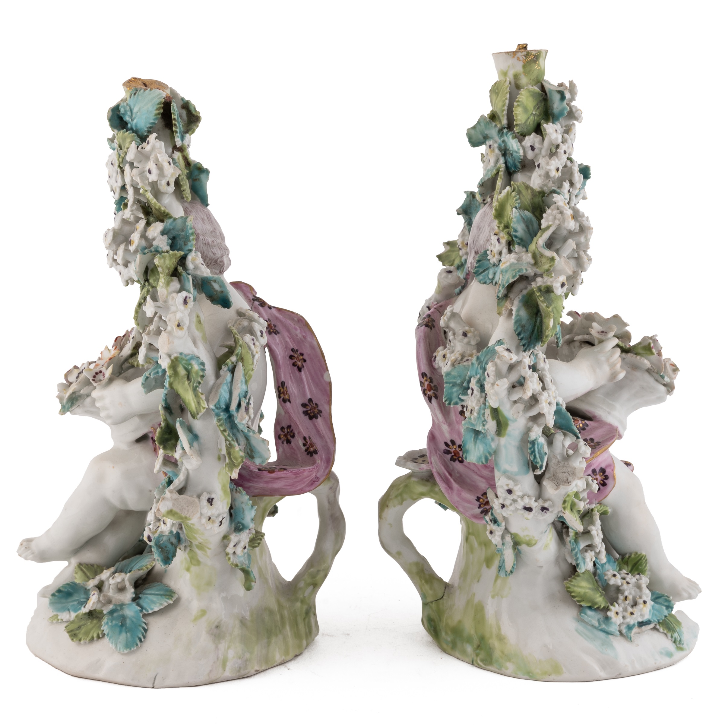 A pair late 18th century possibly Derby flower encrusted cherubs 13cm wide 19cm high Cherub with - Image 2 of 37