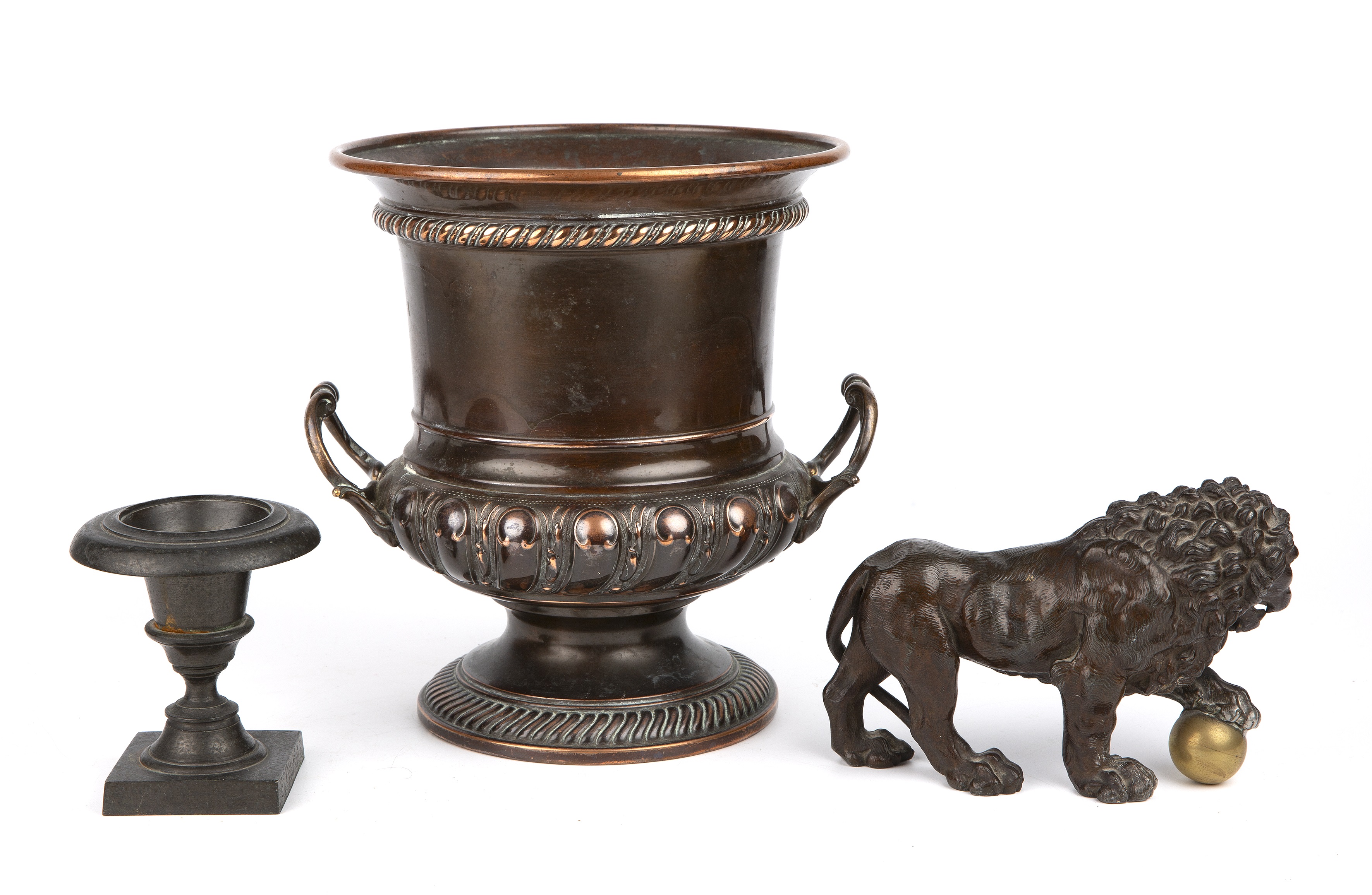 A 19th century grand tour bronze urn 10cm wide 11cm high together with a bronzed spelter lion 18cm - Image 2 of 3