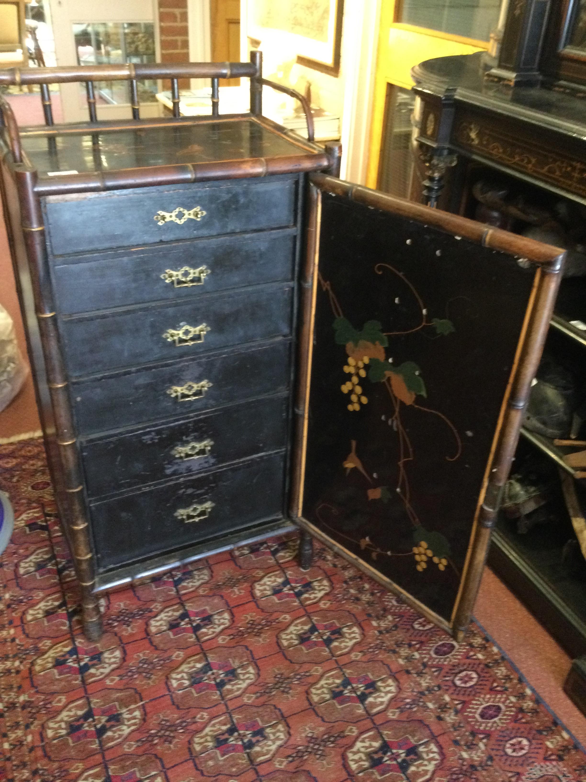 A late 19th century lacquered bamboo cabinet with a single door opening to reveal six drawers 47cm - Image 47 of 47