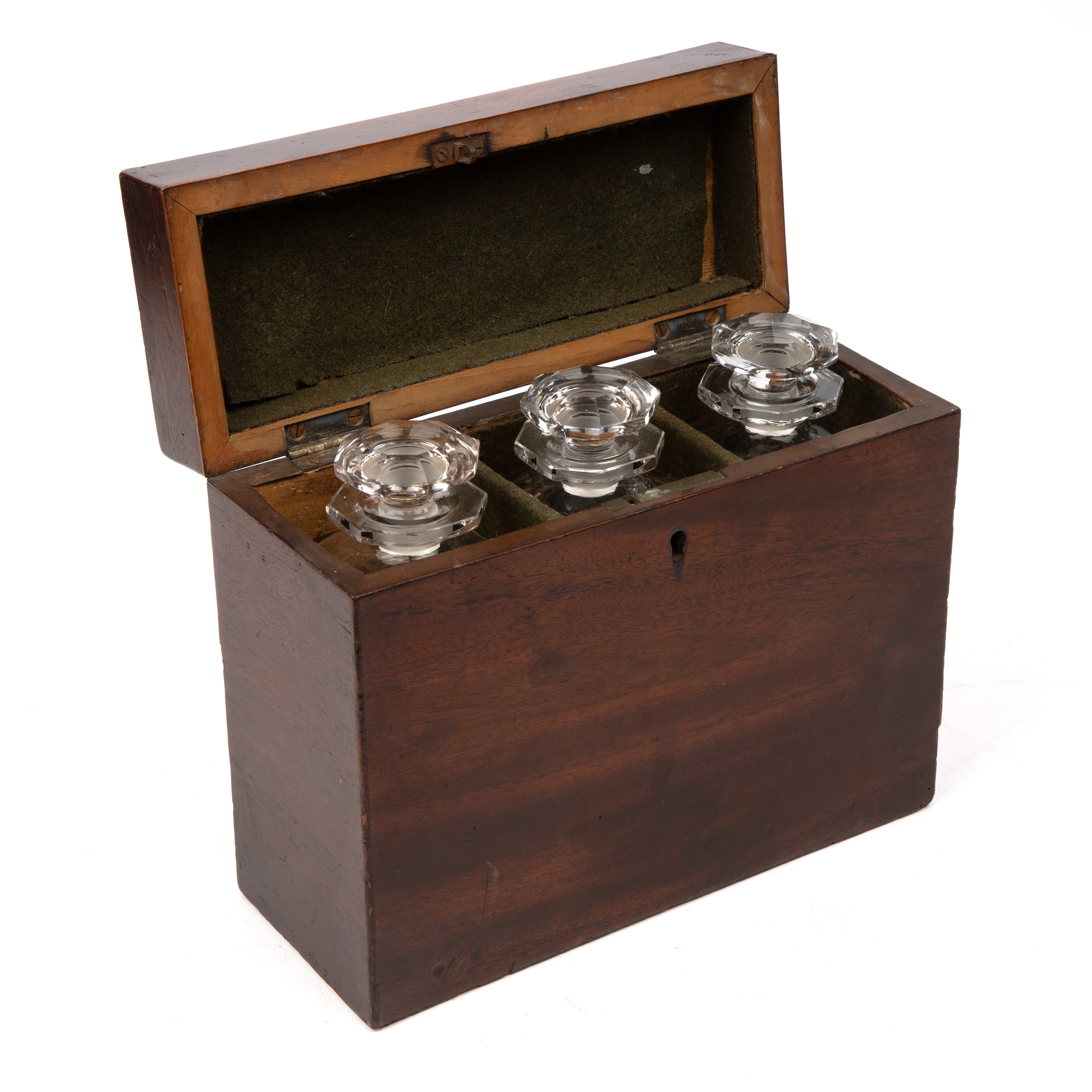 A George III mahogany decanter box, with three period glass decanters 23.5cm wide 9.5cm deep 19. - Image 3 of 5