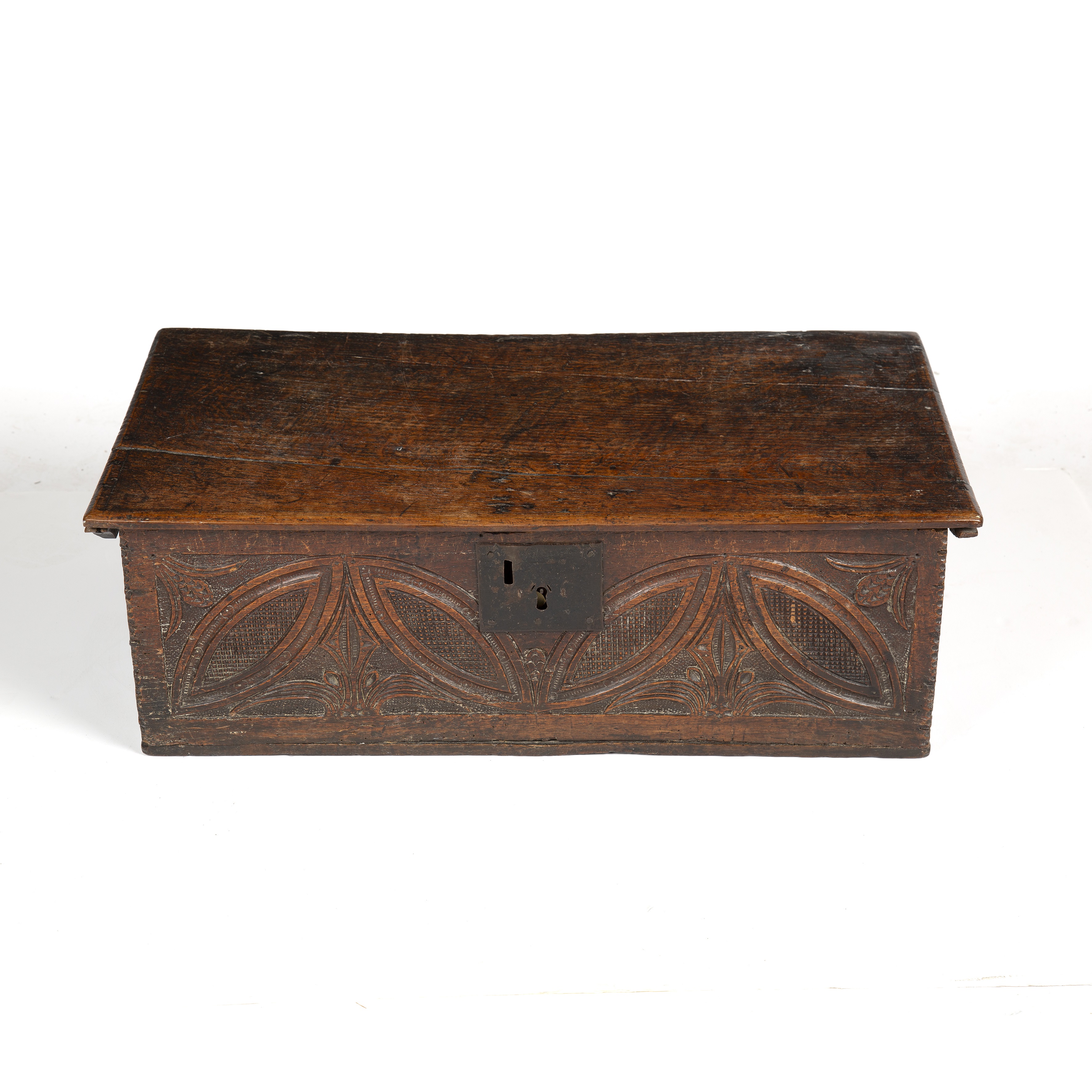 A 17th century oak Bible box, 69cm wide 38cm deep 25cm high