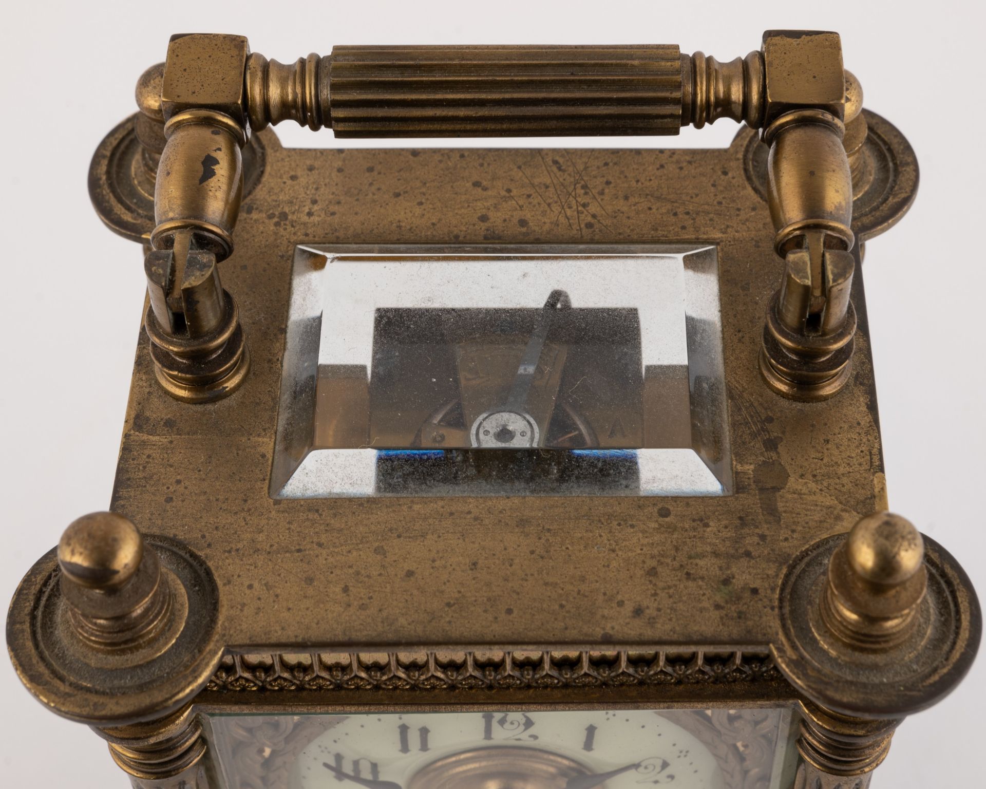 An early 20th century French gilt brass carriage timepiece 9cm wide 13cm high - Image 6 of 6