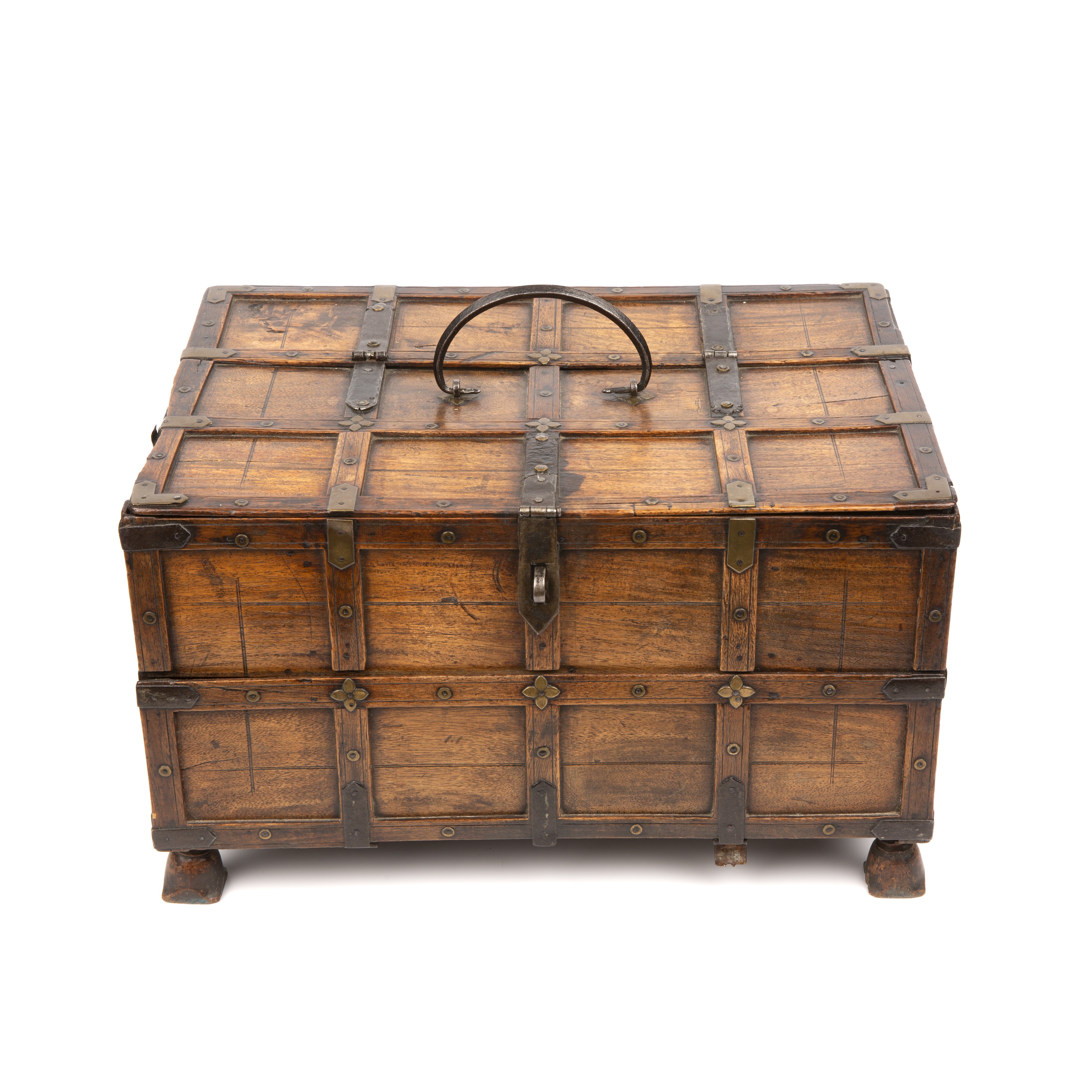 A late 18th early 19th century Indian dowry box with metal mounts and turned feet 37cm wide 26cm