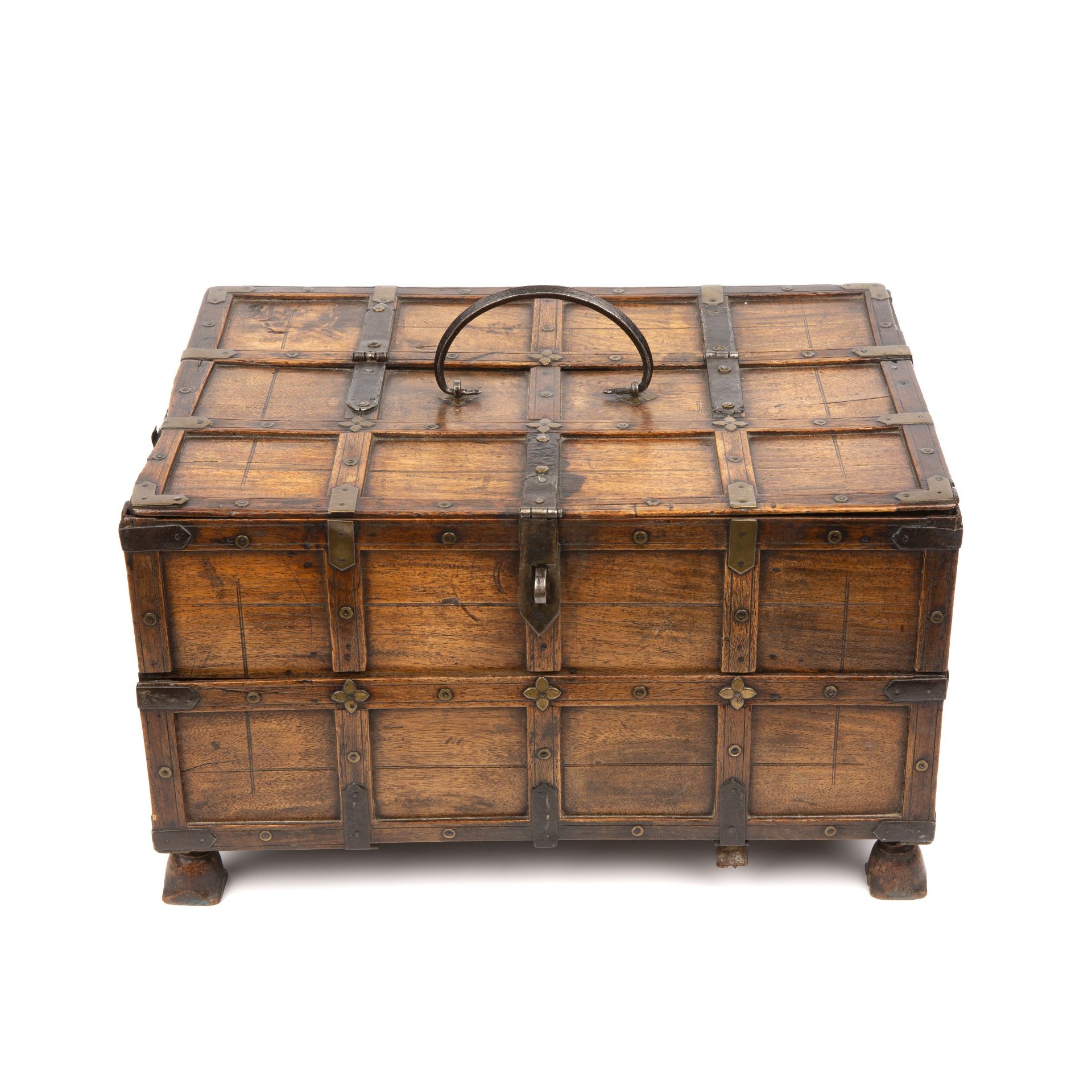 A late 18th early 19th century Indian dowry box with metal mounts and turned feet 37cm wide 26cm