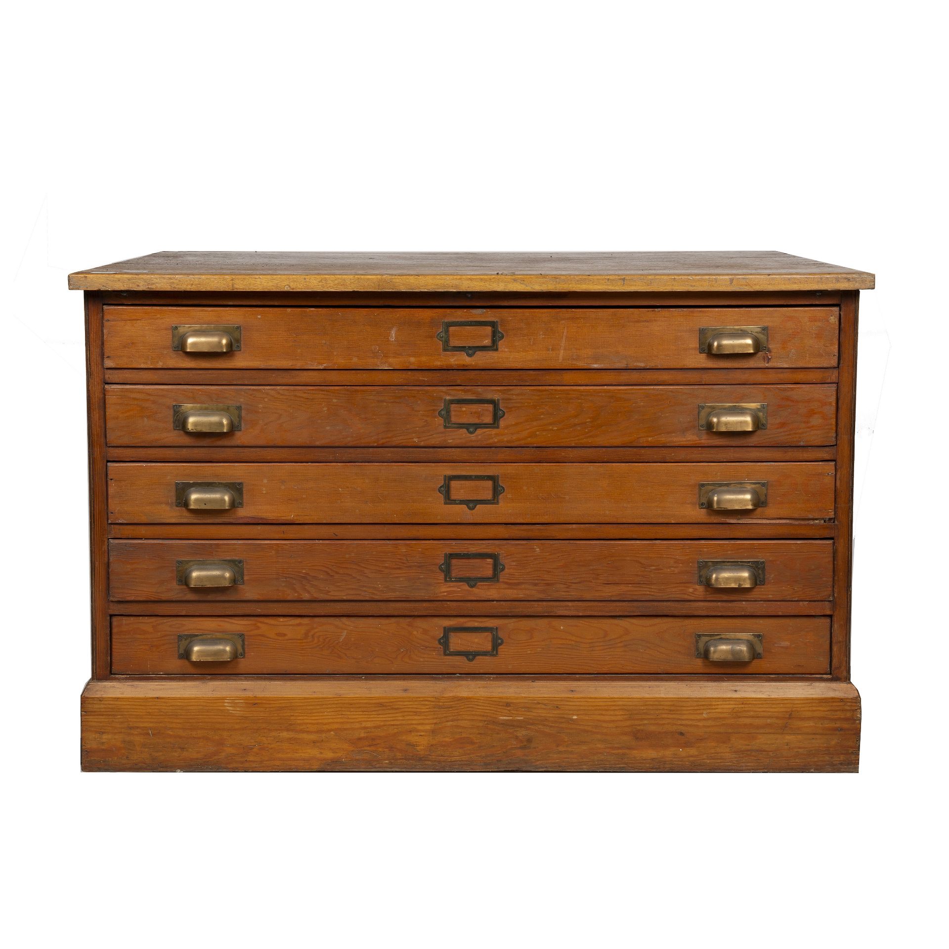 An early 20th century oak and pine five drawer plan chest, with cup handles and a plinth base, 120cm - Image 2 of 5