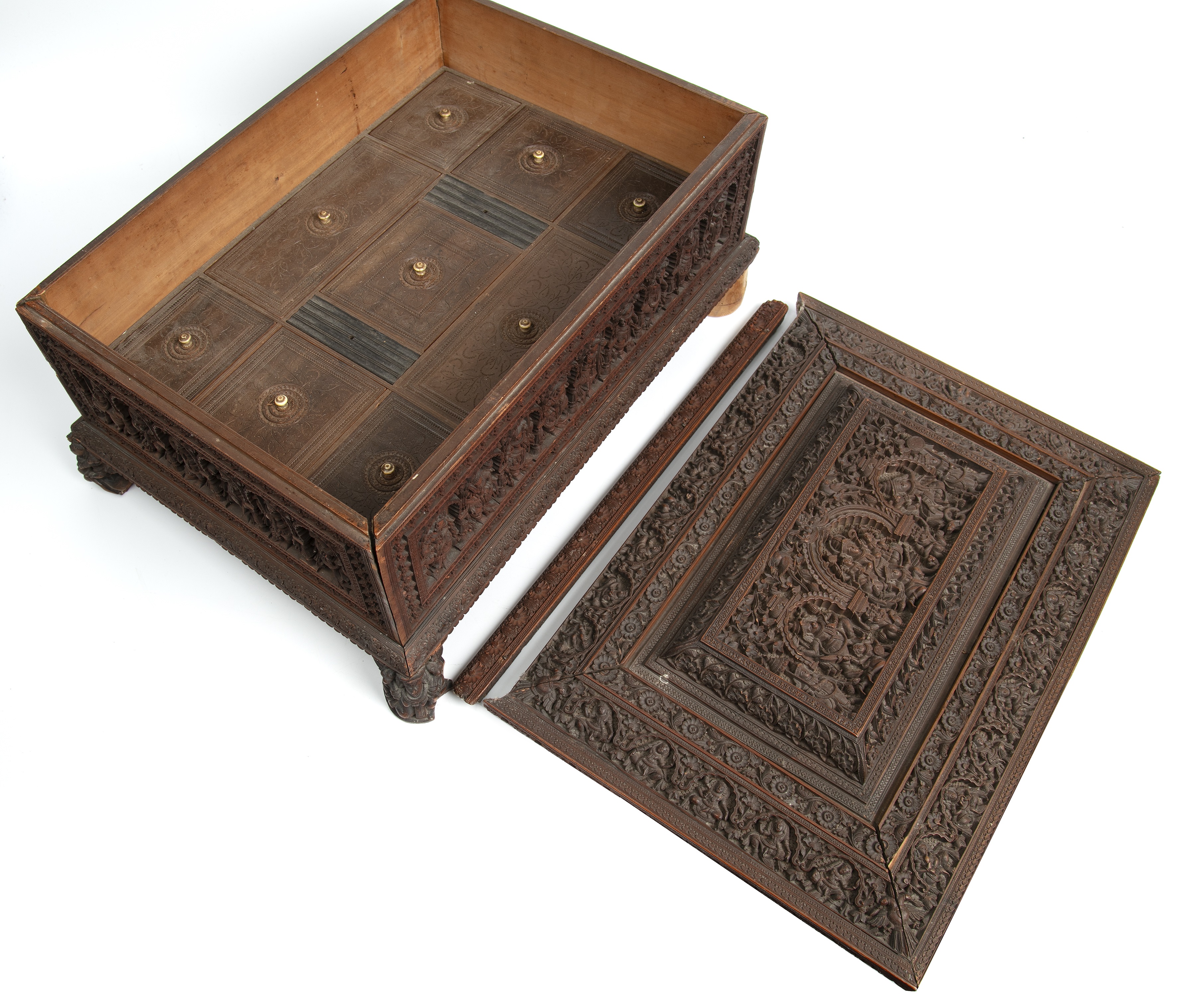 A 19th century Indian carved sandalwood box the lid opening to reveal nine compartments 39cm wide - Image 3 of 7