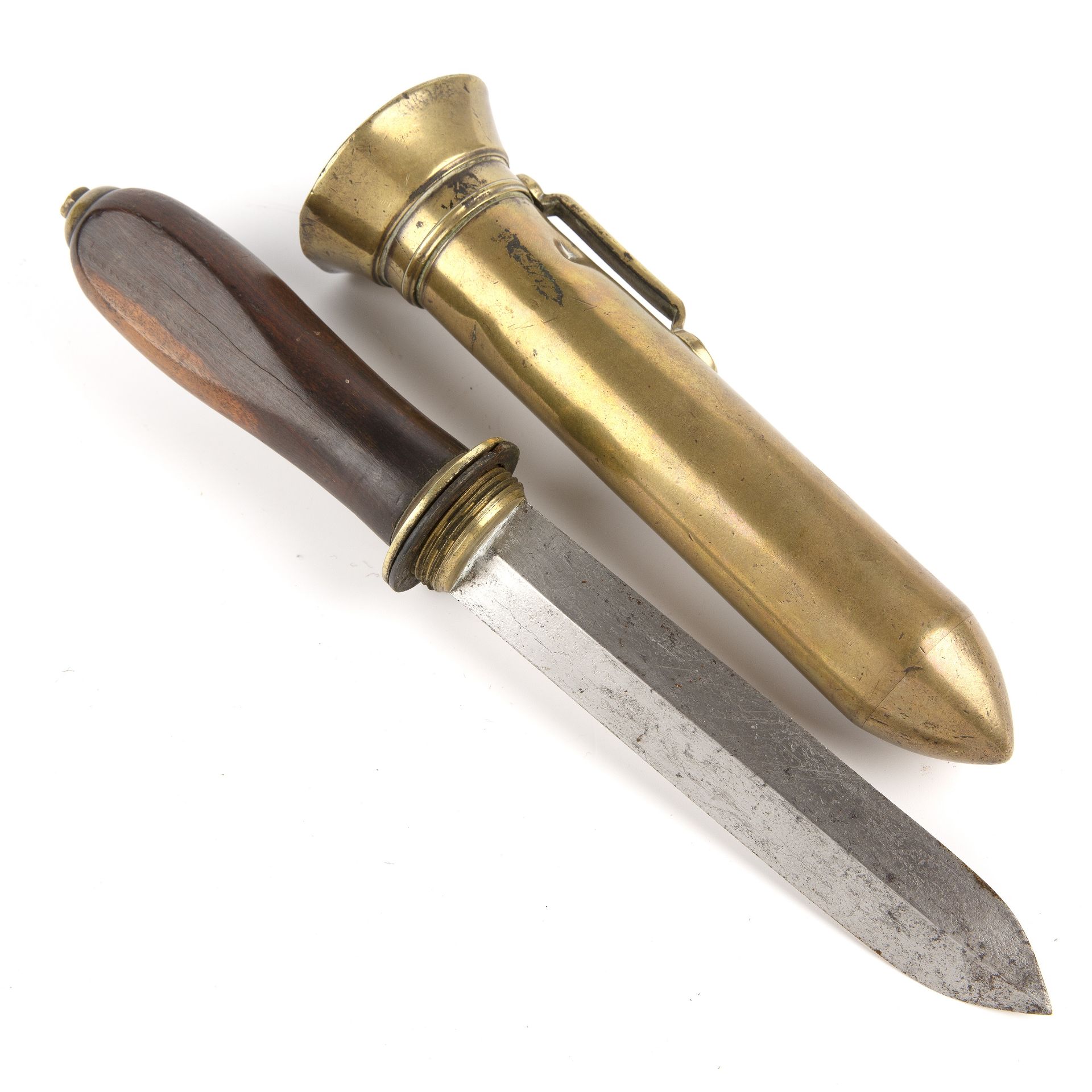 An early 20th century Siebe, Gorman and Co divers knife with a hardwood grip and original brass