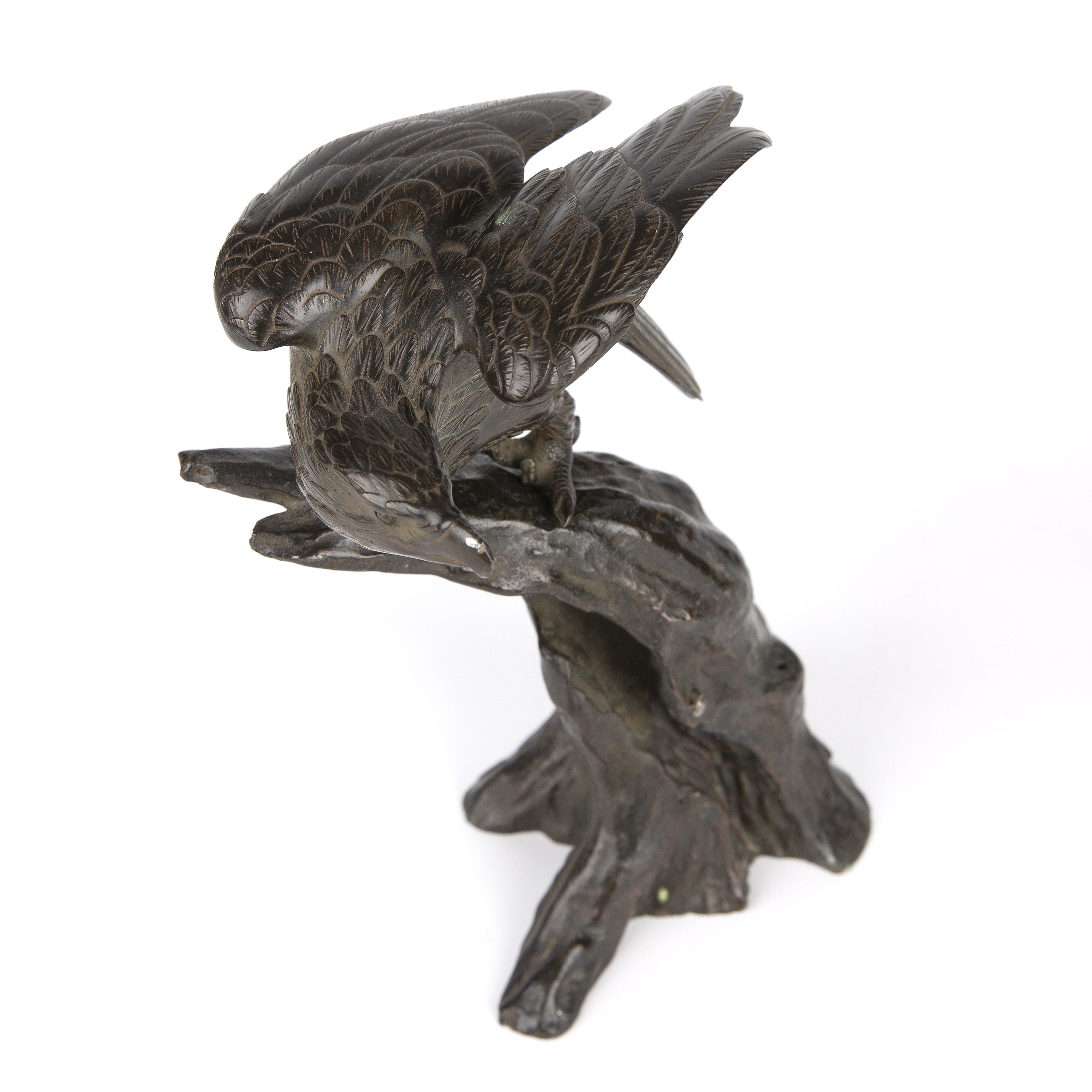 A 19th century Japanese bronze eagle on tree perch 15cm wide 26cm high together with an eastern - Image 6 of 11