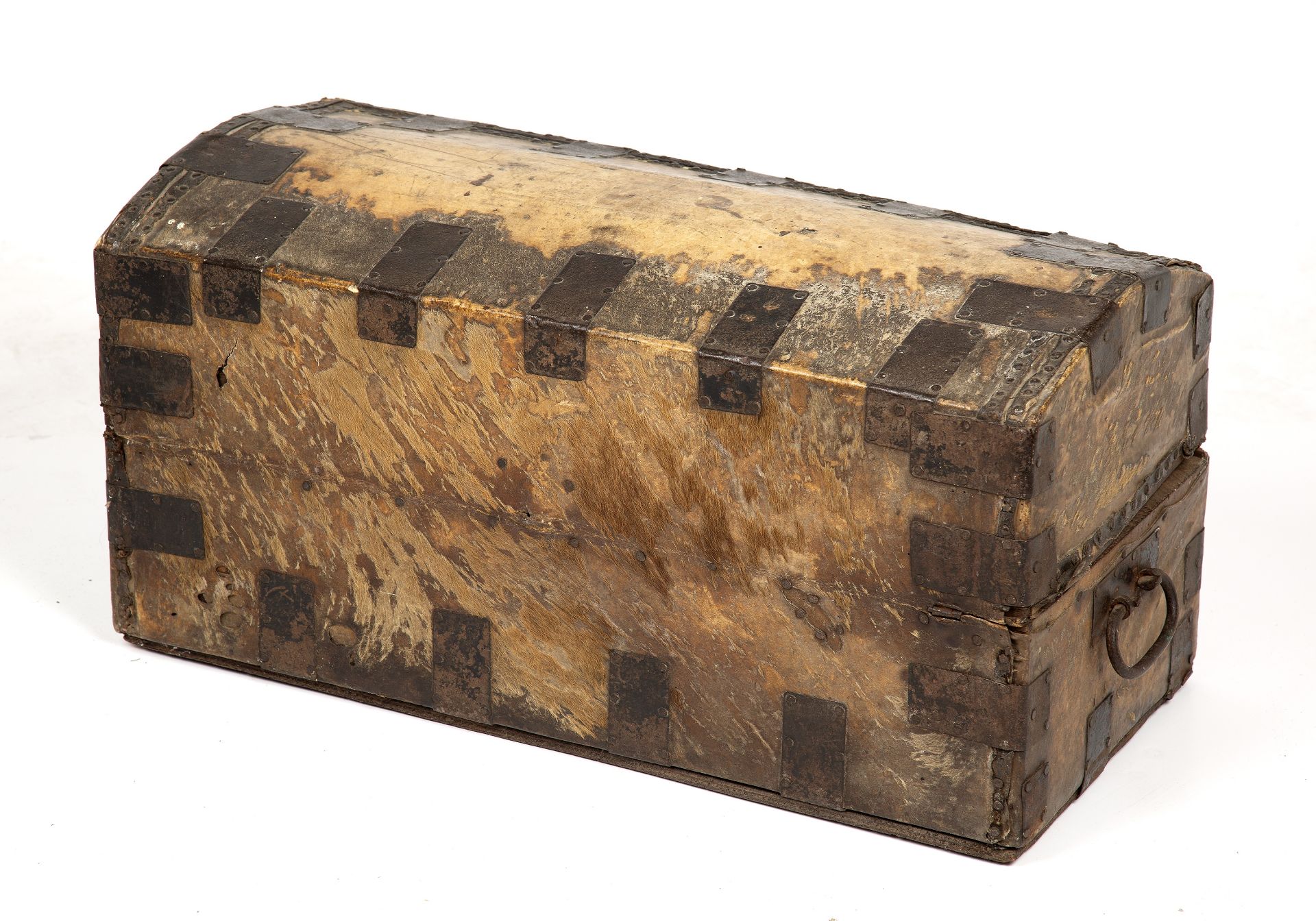 An early 19th century pony hide domed top trunk with studded boarders and iron mounts 70cm wide 32cm - Image 2 of 4