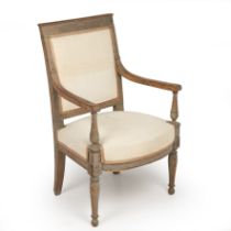 A 19th century French painted open armchair with a square back and turned legs 58cm wide 49cm deep