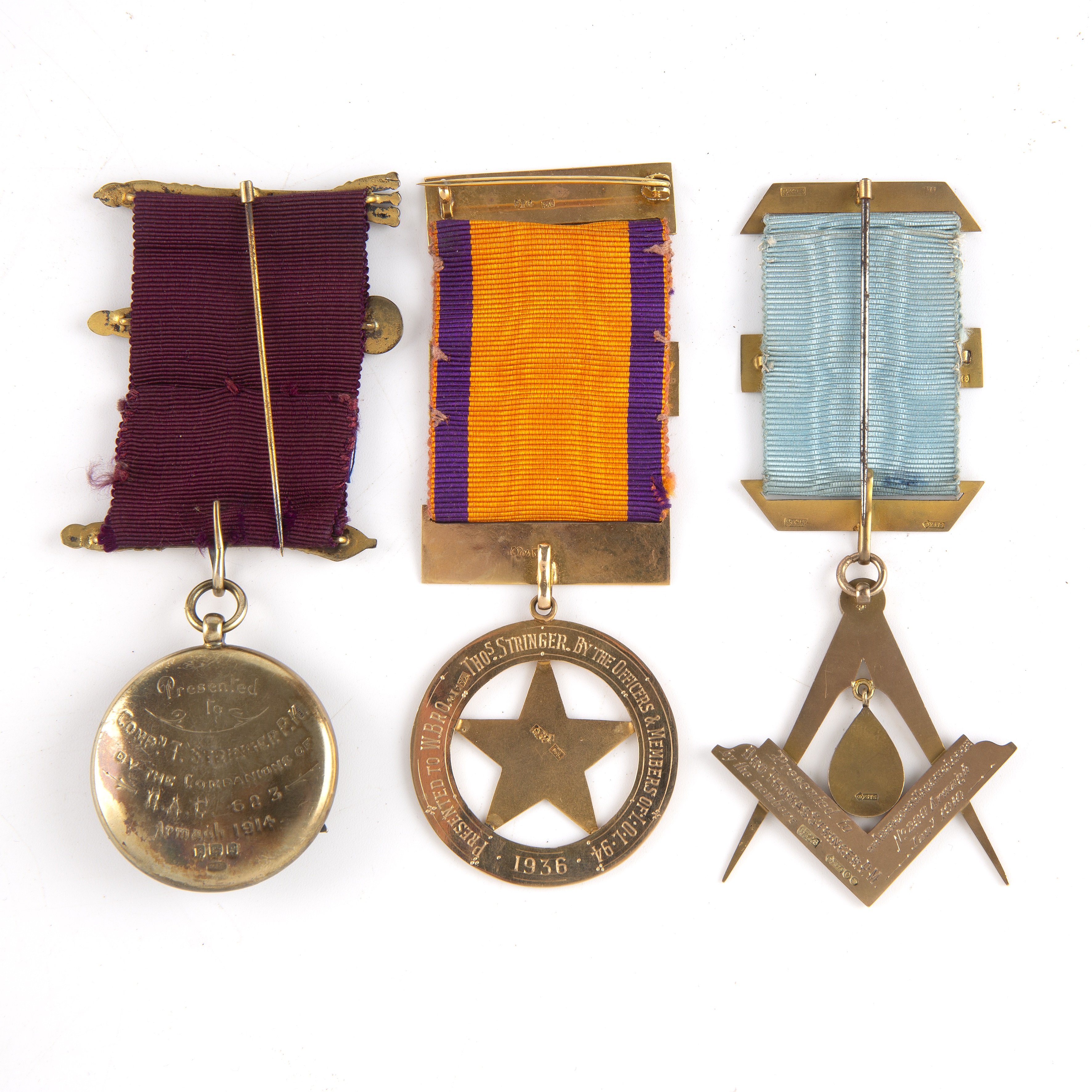 Masonic regalia presented to Thomas Stringer of the Abercorn Masonic lodge, to include two 9ct - Image 5 of 5