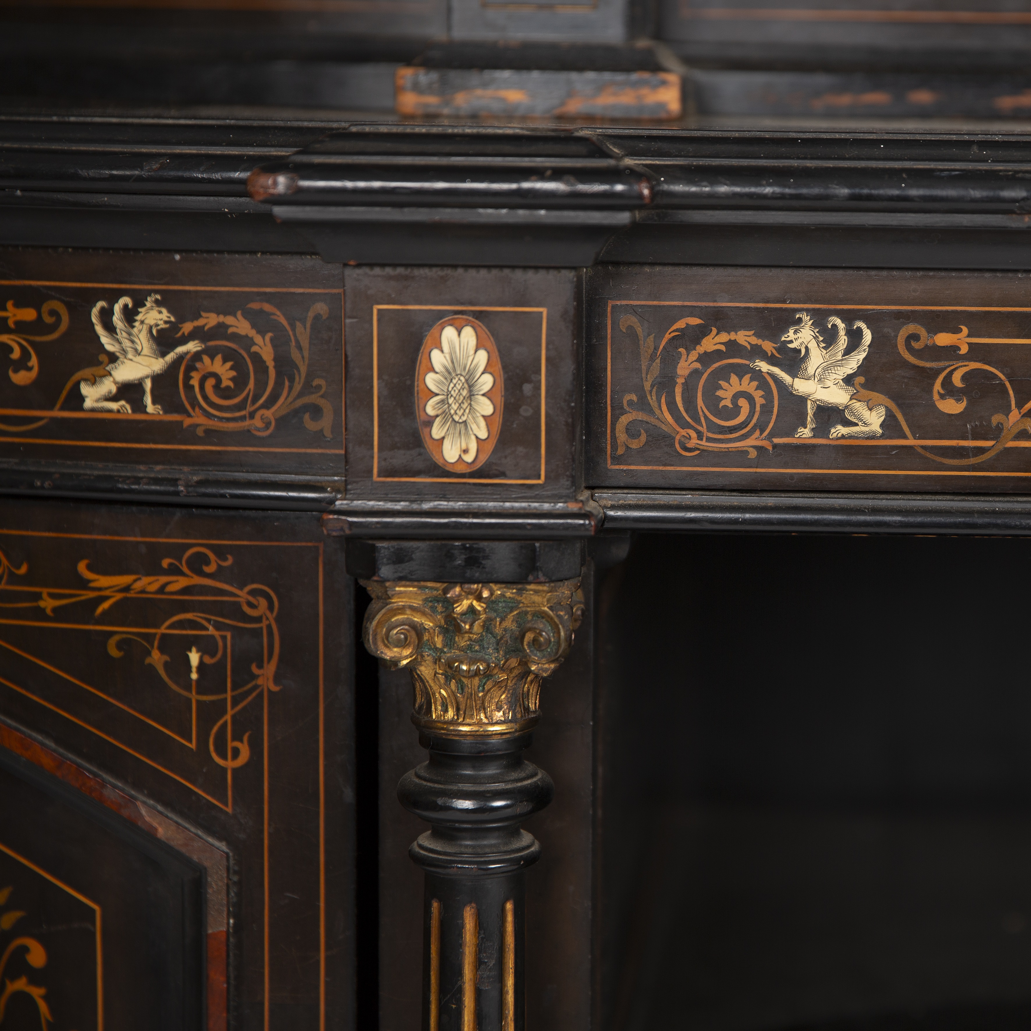 An Edwardian ebonised library cabinet with a glazed bookcase top, pillar supports and inlaid - Image 5 of 7