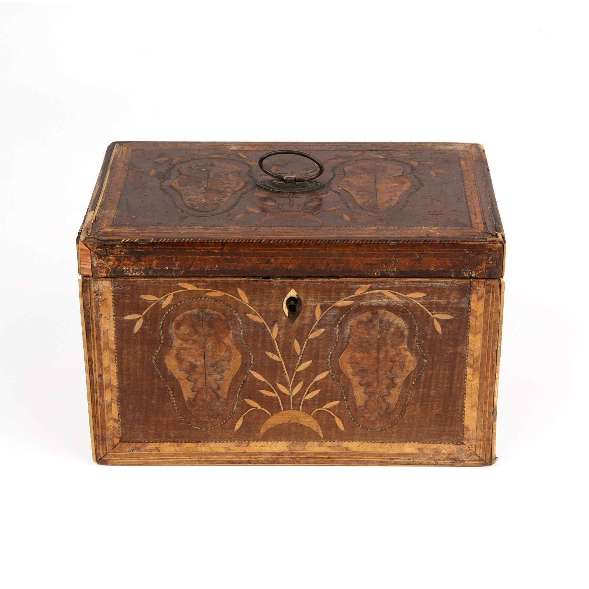 A George III marquetry tea caddy 20cm wide 13cm deep 13cm high (for restoration)