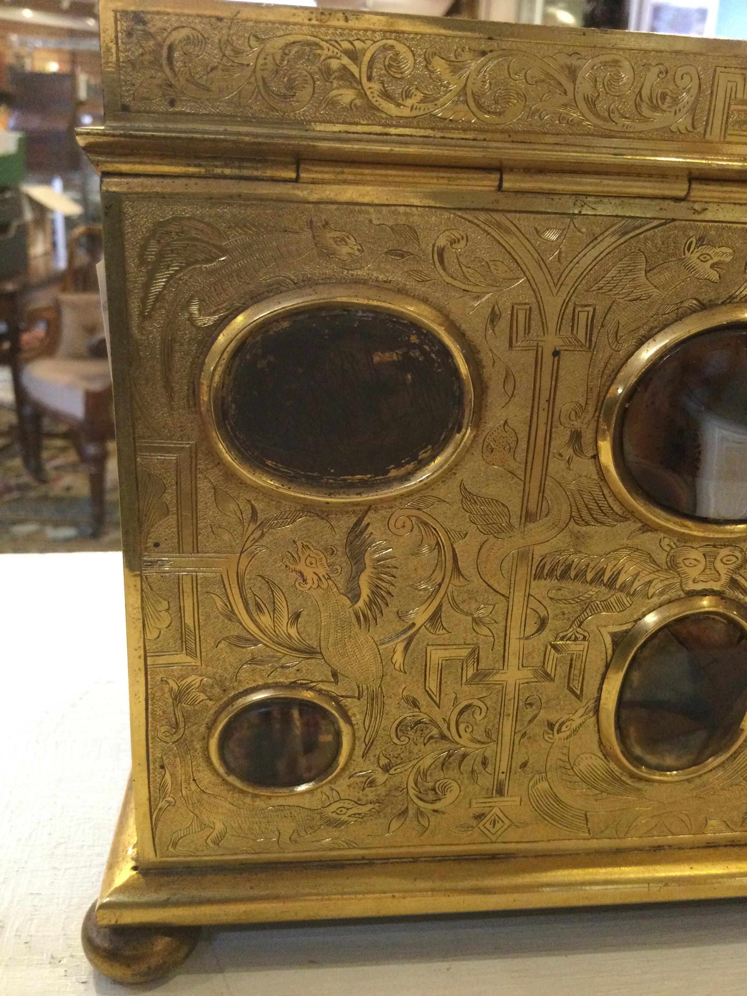 A 19th century correspondence gilt box with engraved decoration and inset cabochon stones hardstones - Image 25 of 25