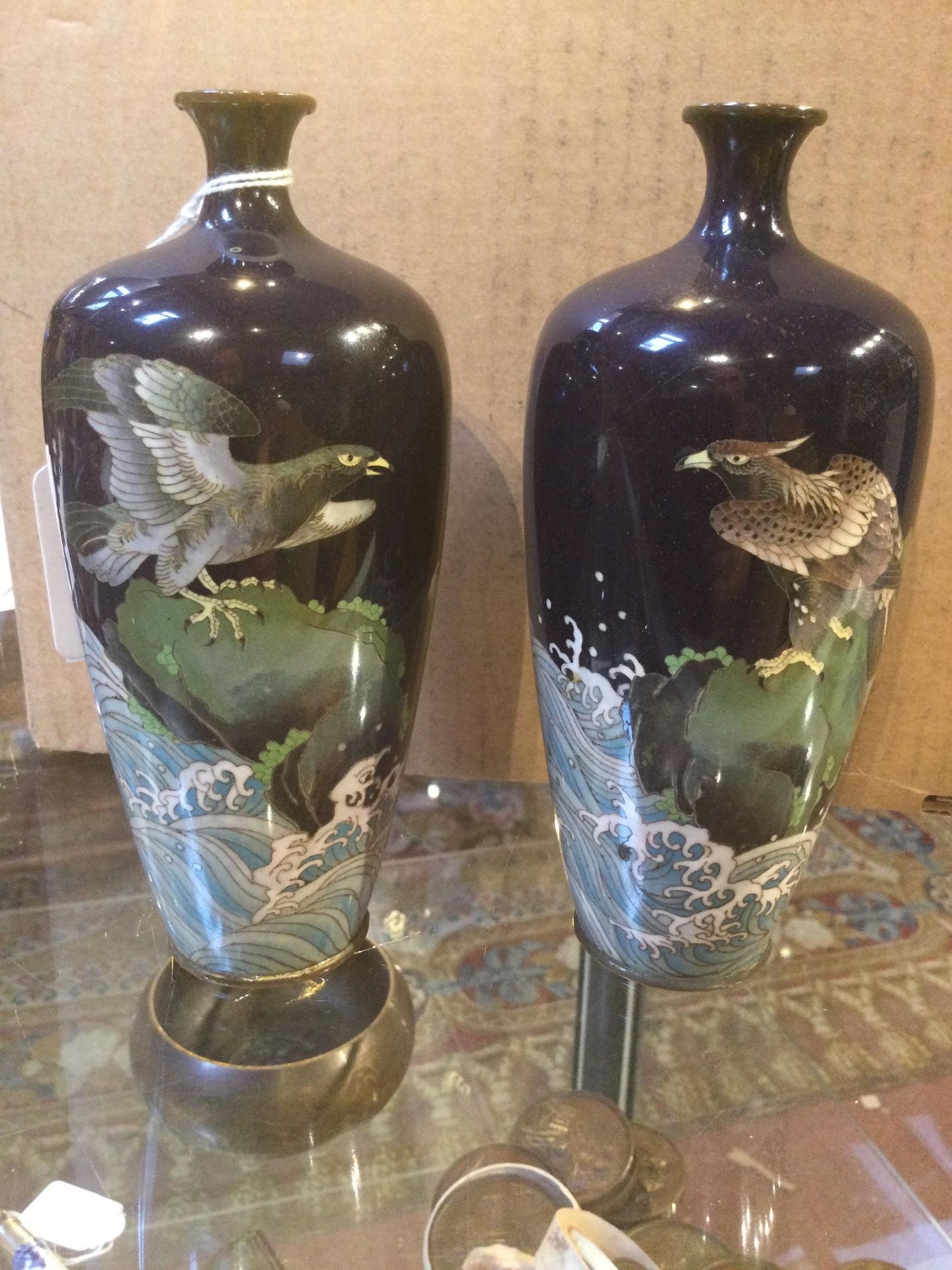 A small pair of early 20th century Japanese cloisonne vases decorated with eagles each 15cm high. - Image 9 of 30