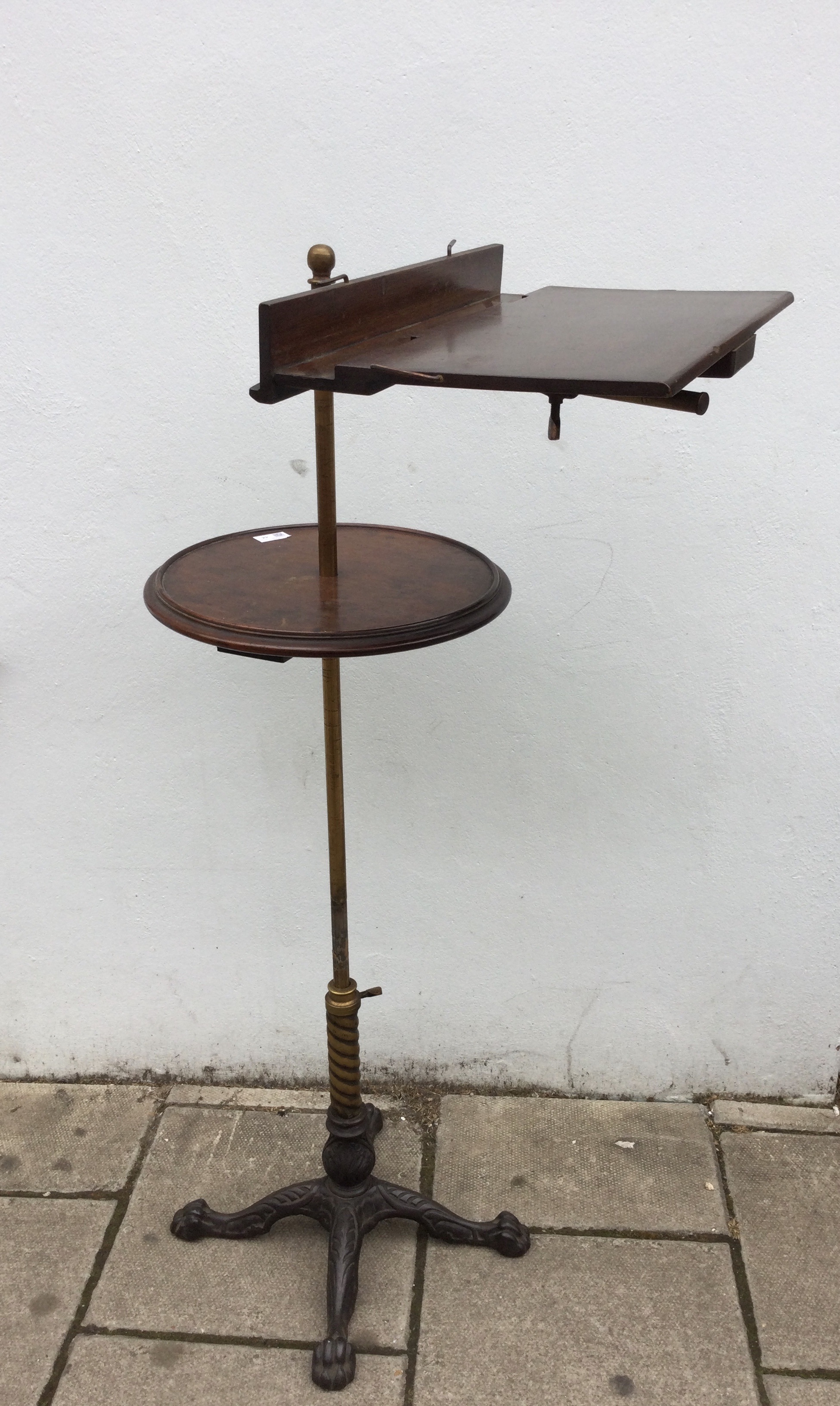 An early Victorian mahogany, brass and cast iron adjustable reading stand by Carters 38cm wide 148cm