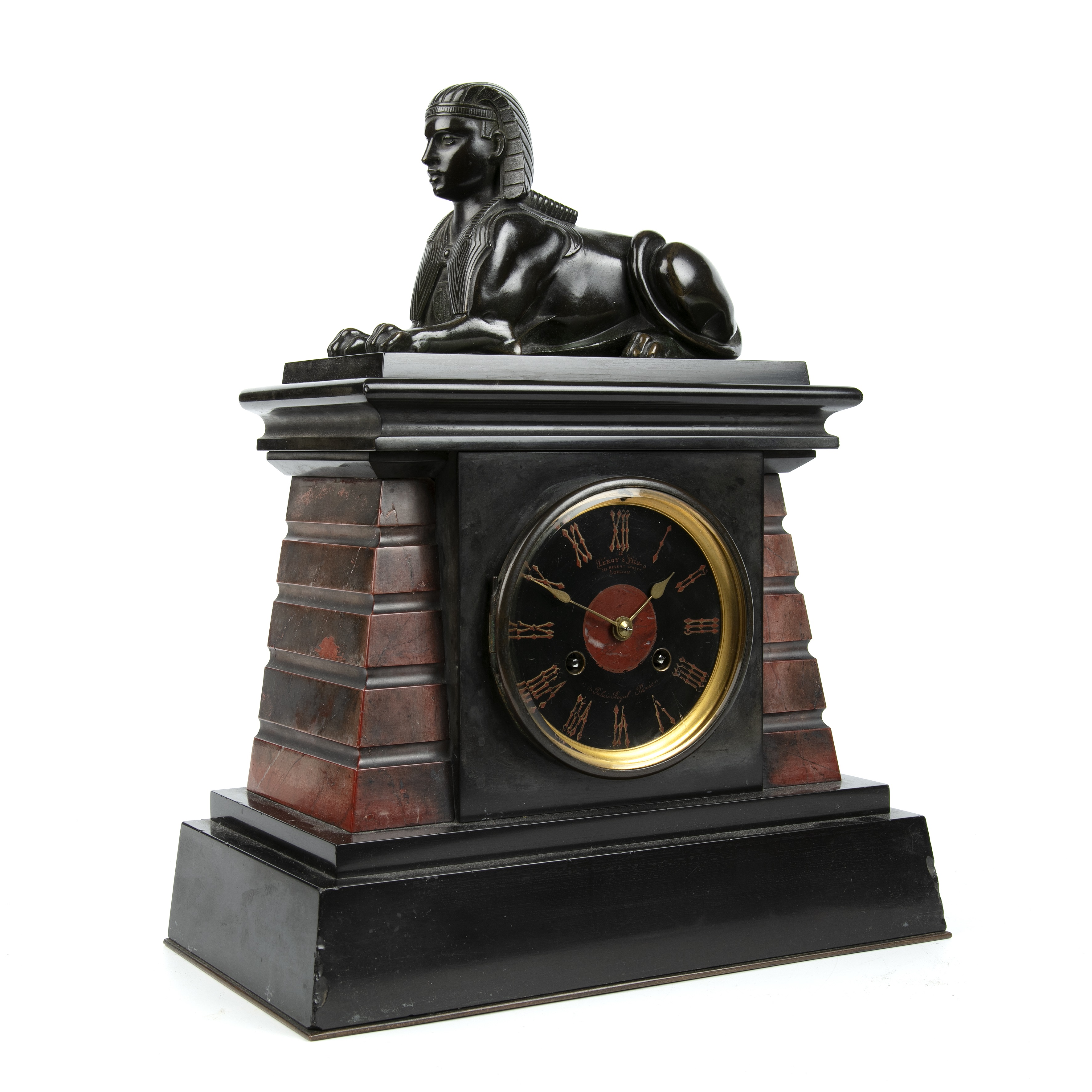 A late 19th century slate mantle clock with a bronze Sphinx, the black dial signed Leroy and Fils, - Image 2 of 5