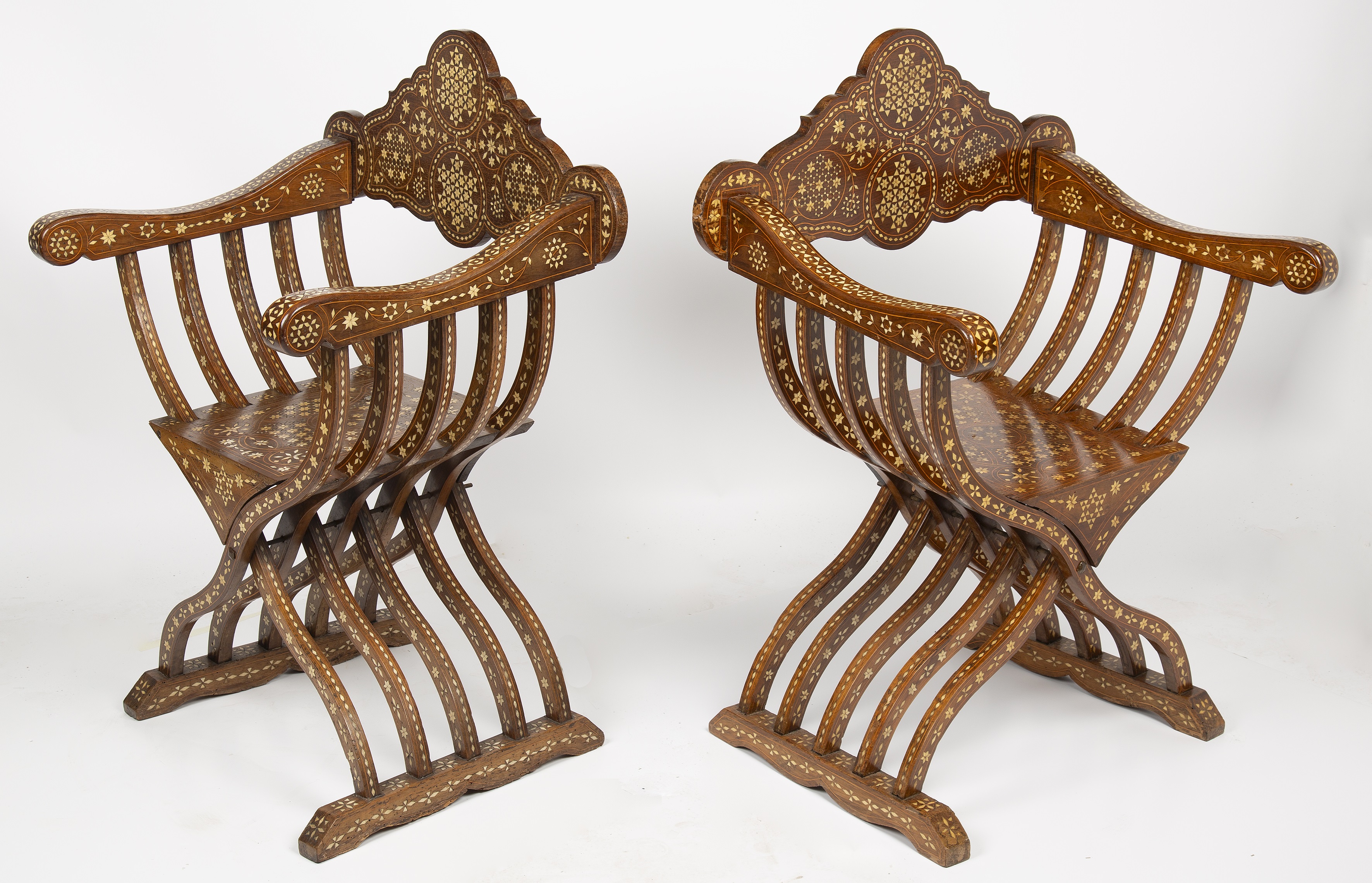 A pair of early 20th century eastern bone inlaid Savonarola chairs 70cm wide 50cm deep 97cm high - Image 2 of 3