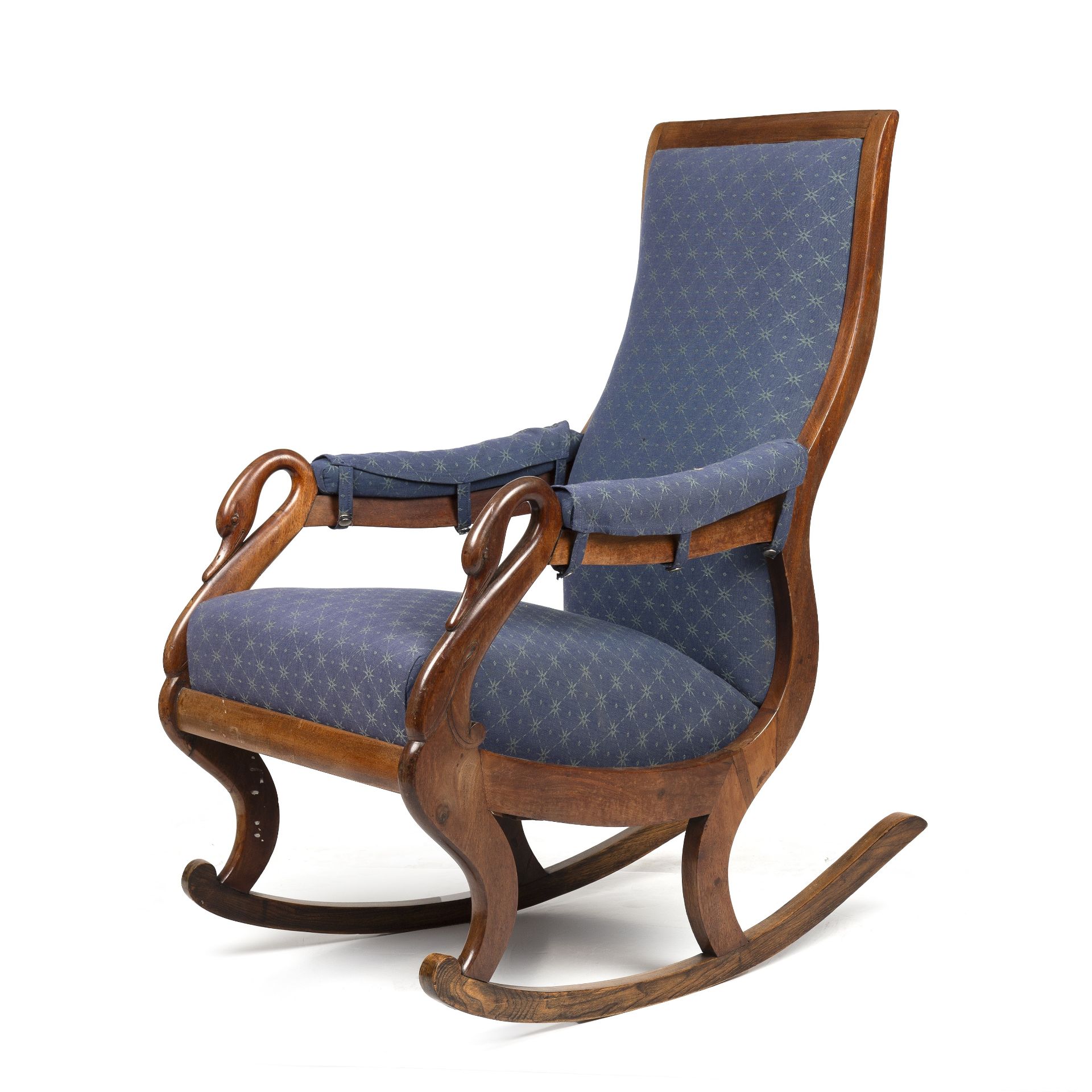 A 19th century mahogany framed upholstered rocking chair with carved swan neck arms 57cm wide 80cm - Bild 2 aus 3