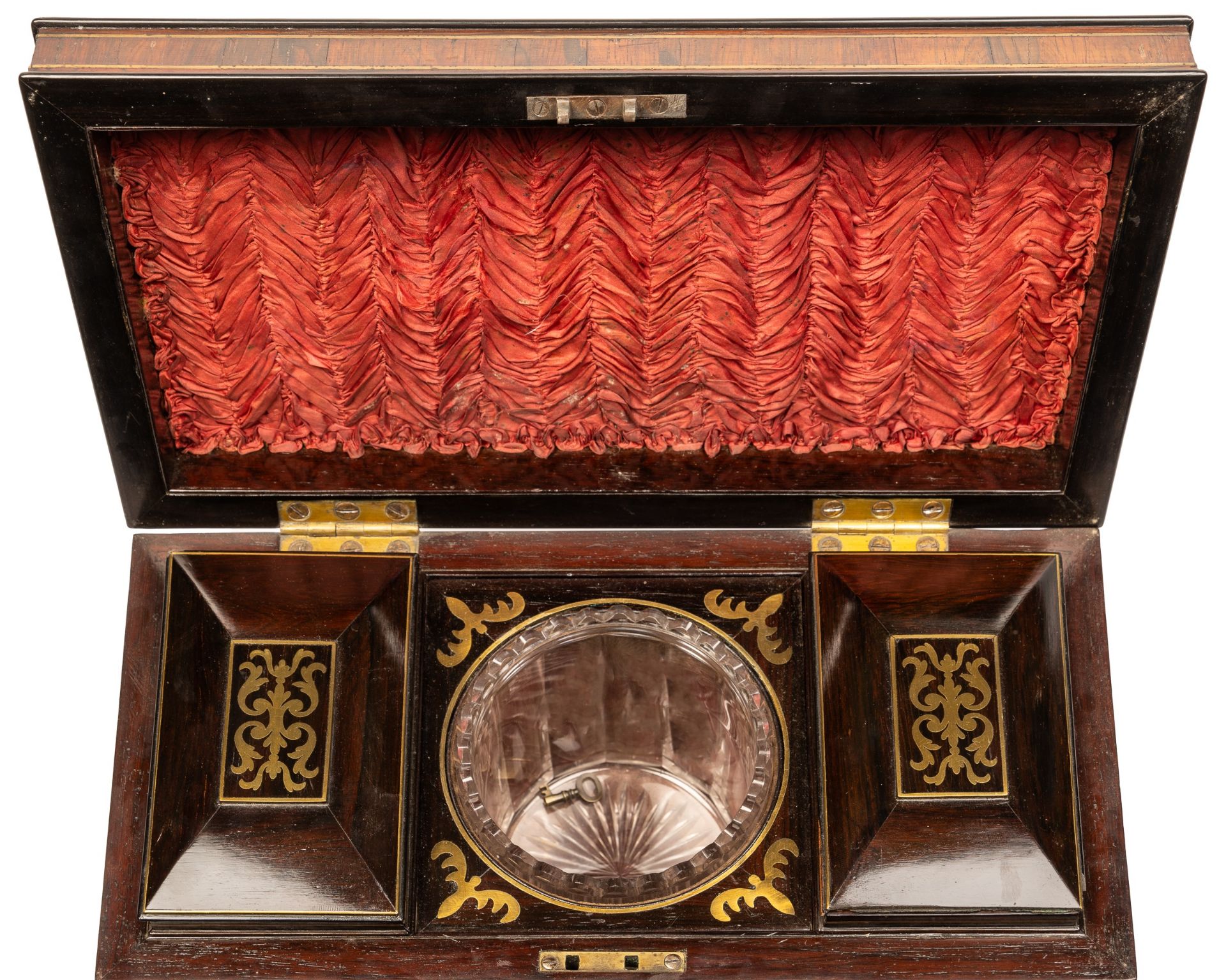 A Regency tea caddy of sarcophagus form on brass paw feet, the top opening to reveal a fitted - Bild 4 aus 6