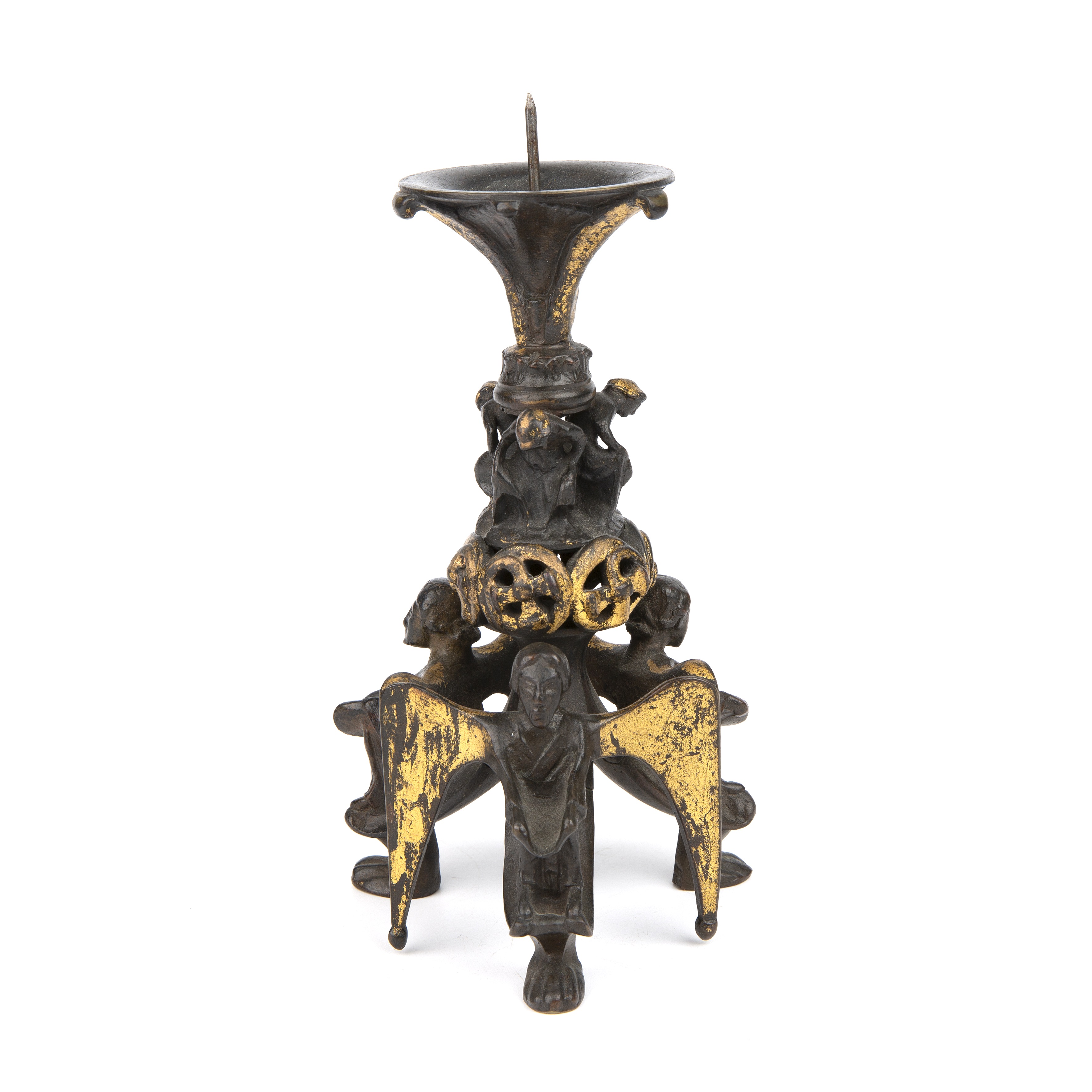 A bronze gothic pricket candlestick in the manner of Auguste Maximillien Delafontaine (1813-1892)
