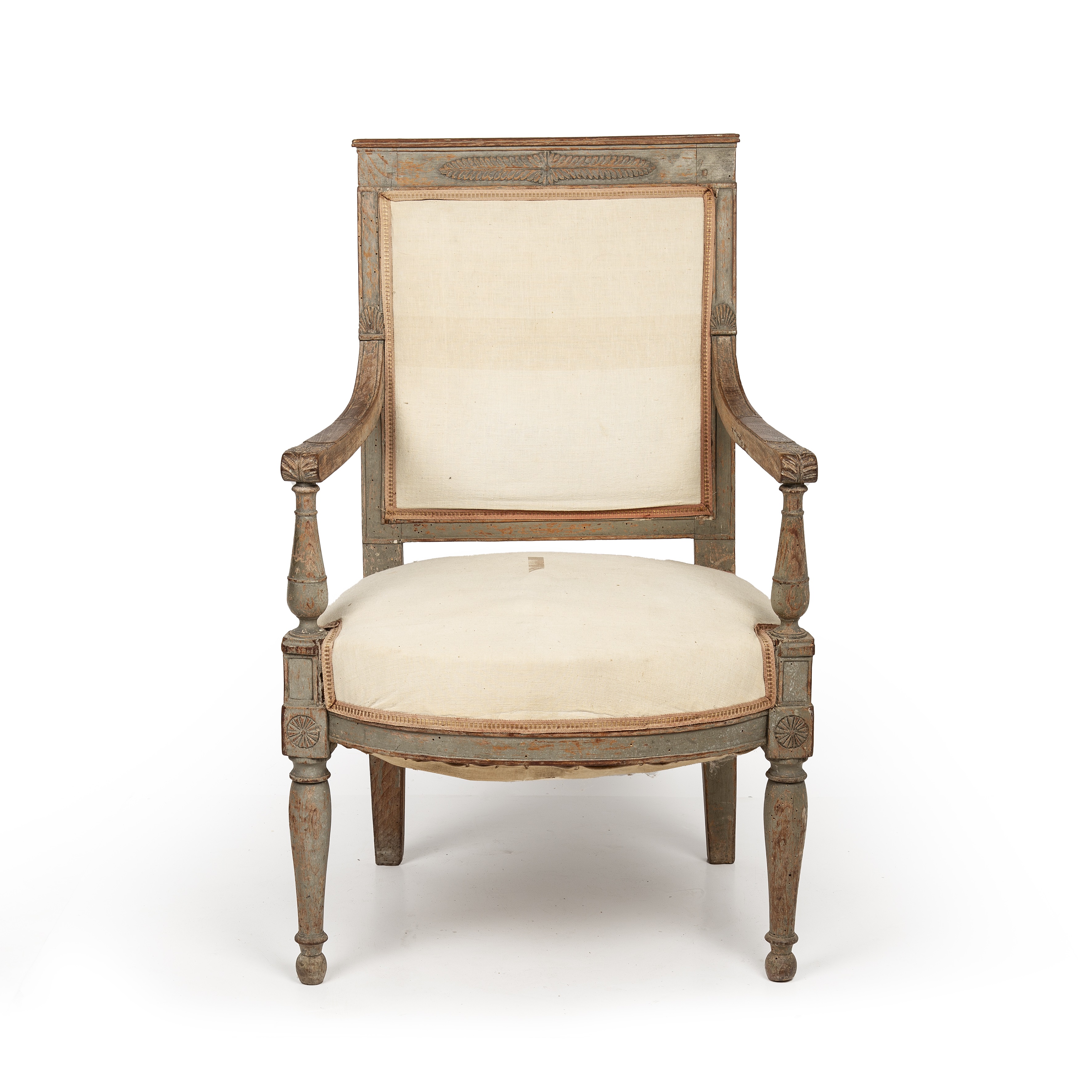 A 19th century French painted open armchair with a square back and turned legs 58cm wide 49cm deep - Image 2 of 4