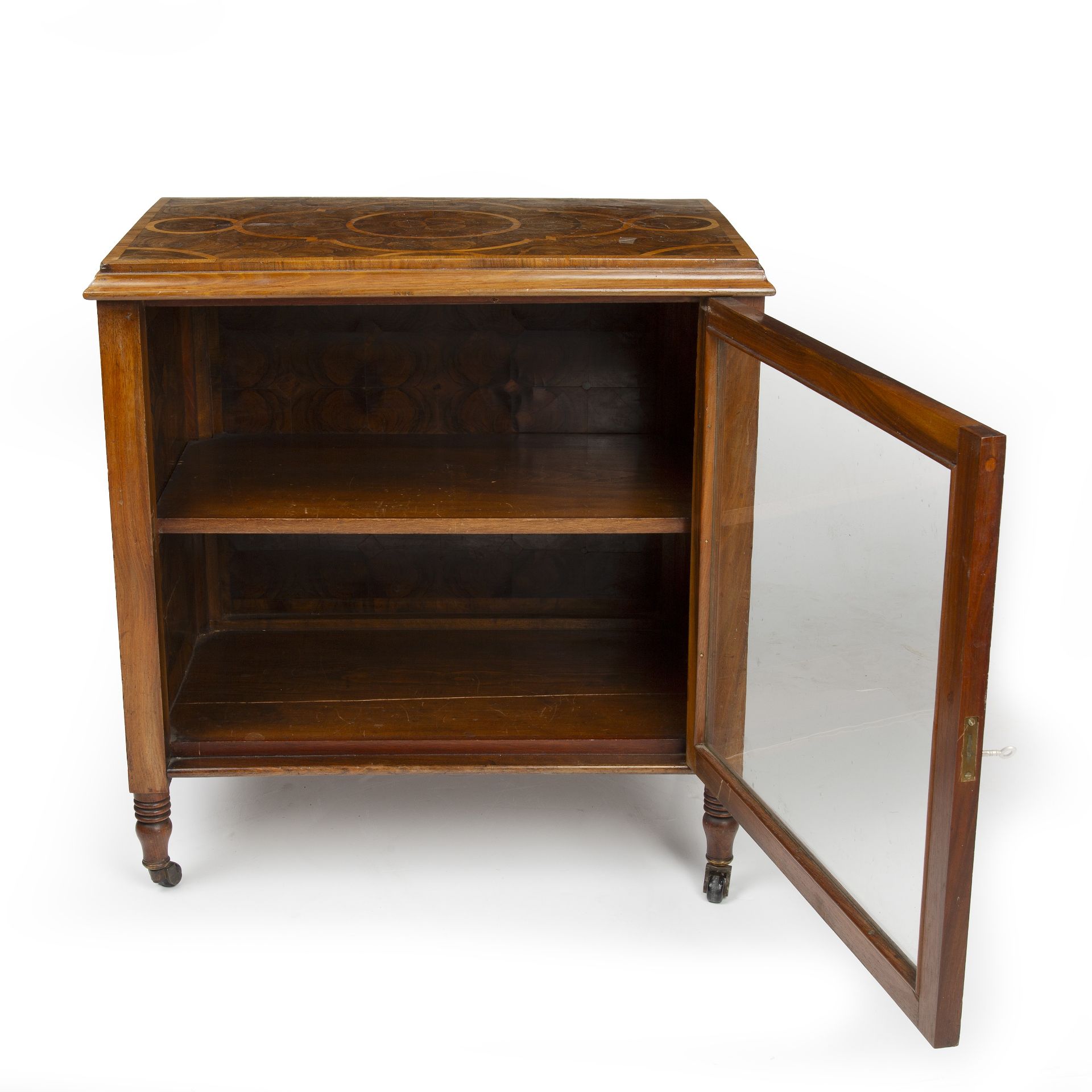 An antique and later oyster veneered cabinet, with a glazed door, 62cm wide, 40cm deep 65cm high - Image 4 of 5