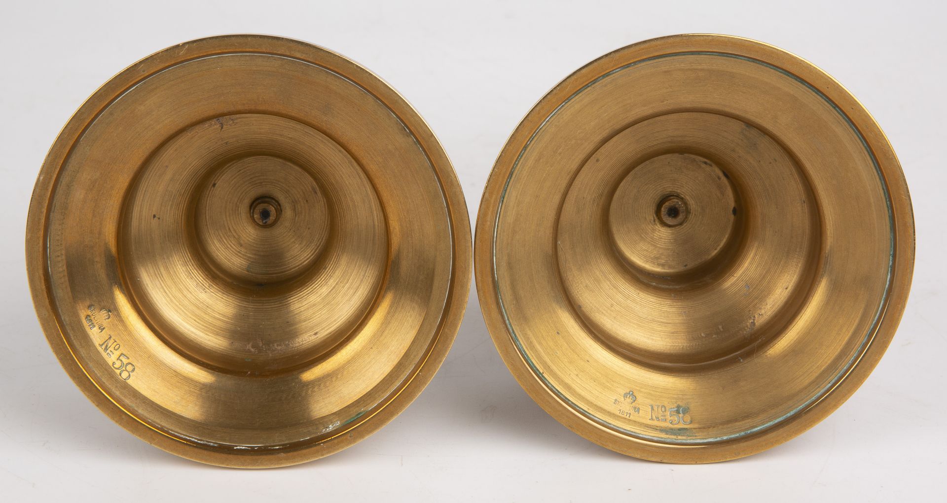 A pair of 20th century Swediah Skultuna brass 1611 no 58 candlesticks 12cm diameter 20cm high. Good - Image 3 of 5