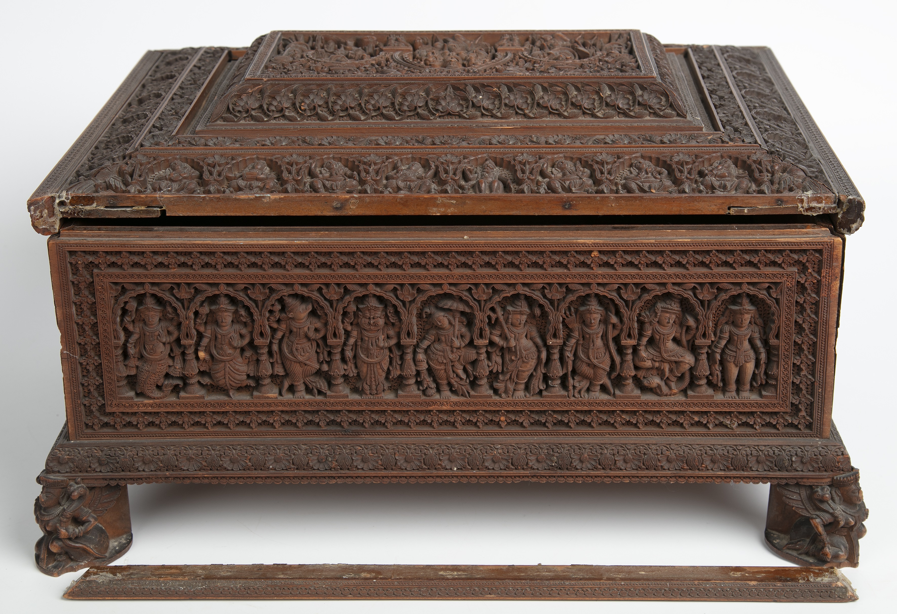 A 19th century Indian carved sandalwood box the lid opening to reveal nine compartments 39cm wide - Image 5 of 7