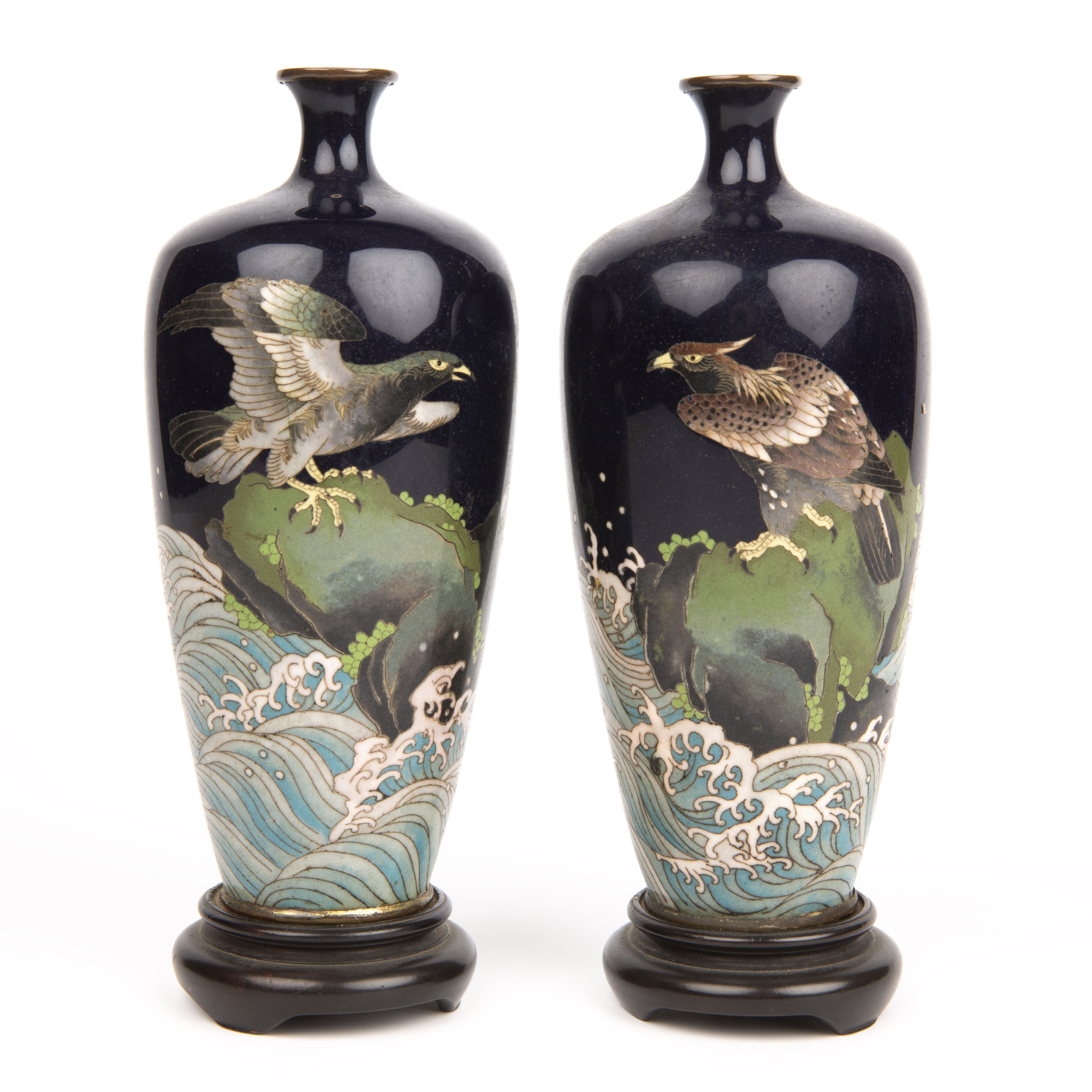 A small pair of early 20th century Japanese cloisonne vases decorated with eagles each 15cm high. - Image 3 of 30
