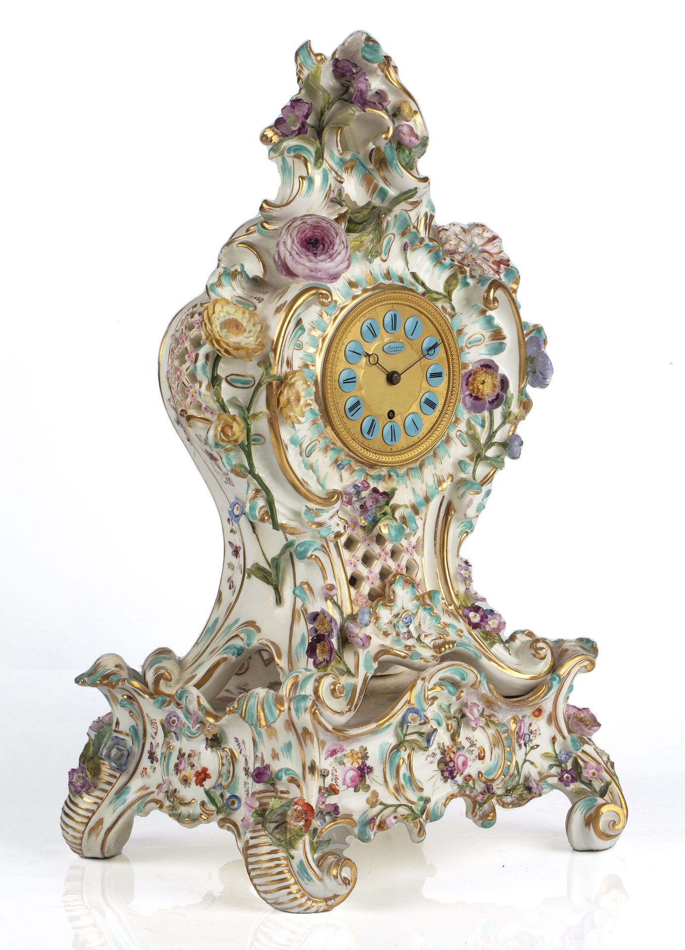 A 19th century porcelain mantel timepiece, the engine turned gilt dial with blue enamel Roman - Image 2 of 9