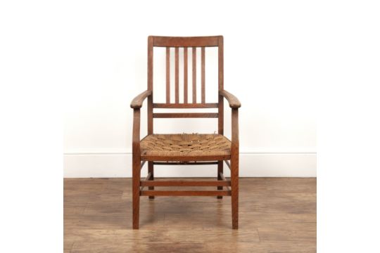 Aesthetic movement oak, armchair, with bar back and rattan lattice woven seat, unmarked, 86cm high - Image 1 of 5