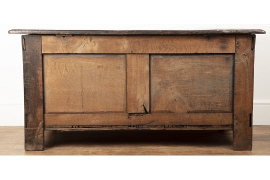 Oak coffer 18th Century, hinged lid over a geometric moulded triple panel front and stile supports, - Image 6 of 6