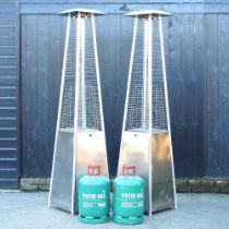 A pair of stainless steel patio heaters, 220cm high, with gas bottles (2)