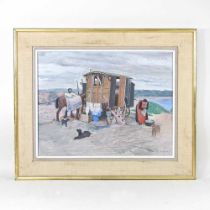 Rudolph Ihlee, 1883-1963, figures beside a caravan, signed and dated 1913, oil on panel, 35 x