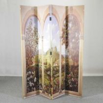 A four-fold dressing screen, decorated with a garden scene, 152 x 180cm Overall condition is