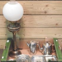 A brass oil lamp and shade, together with various metalwares