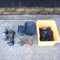 Three sets of cast iron kitchen scales, together with two balance scales and various weights