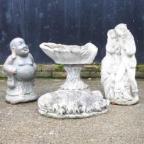 A collection of reconstituted stone garden ornaments, to include a bird bath, 47cm high