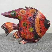 A painted metal tea light holder, in the form of a fish, 60cm long