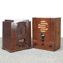 A 1930's walnut cased valve radio, 49cm high, together with another, smaller (2)