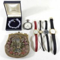 A Butler & Wilson crystal bracelet, together with various ladies dress watches, an open faced pocket