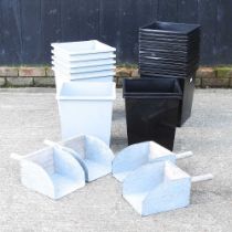 A set of six grey metal garden planters, 34cm high, eighteen black planters and various galvanised