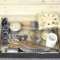 A collection of metal wares to include a brass tray, antique tools, chestnut roaster, pewter etc