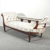 A late Victorian upholstered chaise longue, on turned legs 186w x 66d x 79h cm