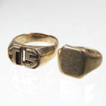A 9 carat gold signet ring, 8.6g, size N, together with a 9 carat gold signet ring, with initials